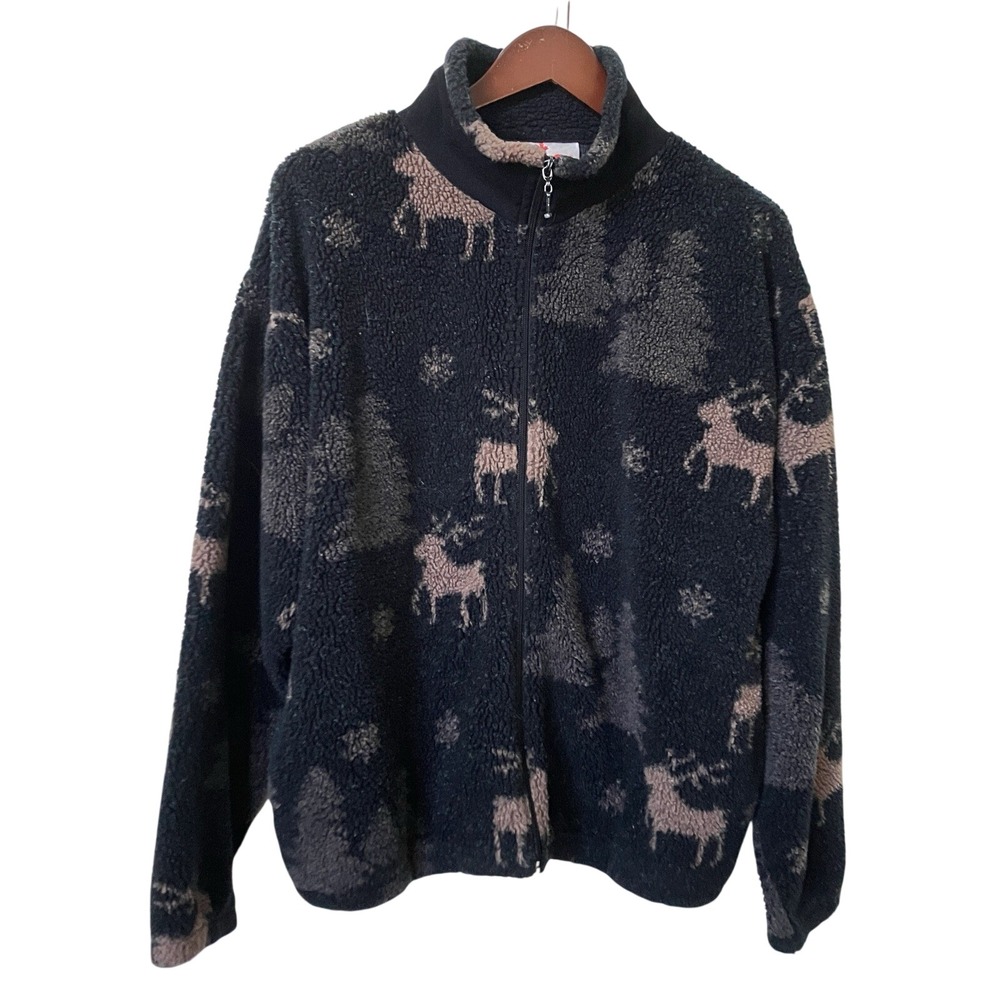 Vintage MIC Fleece Cardigan Womens Black Faux Fur Zip Holiday‎ Reindeer Xmas